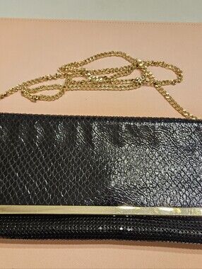 Bcbg Elegant Black Snake-Texture Chain Clutch - Gold Accent